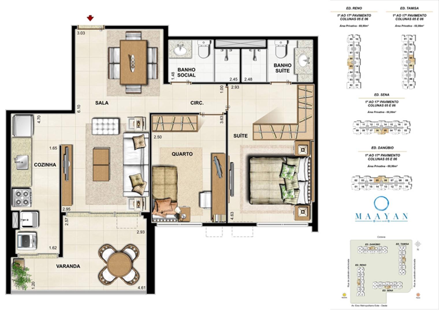 Planta tipo 2 quartos - Colunas 05 e 06 - Ed. Reno, Tamisa, Sena e Danúbio | Maayan – Apartamento no  Cidade Jardim - Rio de Janeiro - Rio de Janeiro