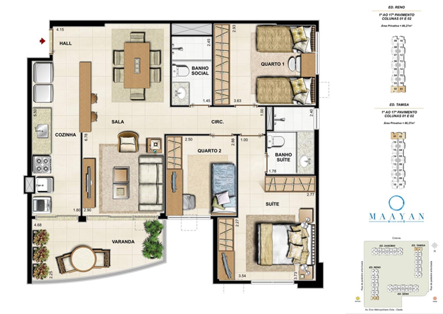 Planta tipo 3 quartos - Colunas 01 e 02 - Ed. Reno e Tamisa | Maayan – Apartamento no  Cidade Jardim - Rio de Janeiro - Rio de Janeiro