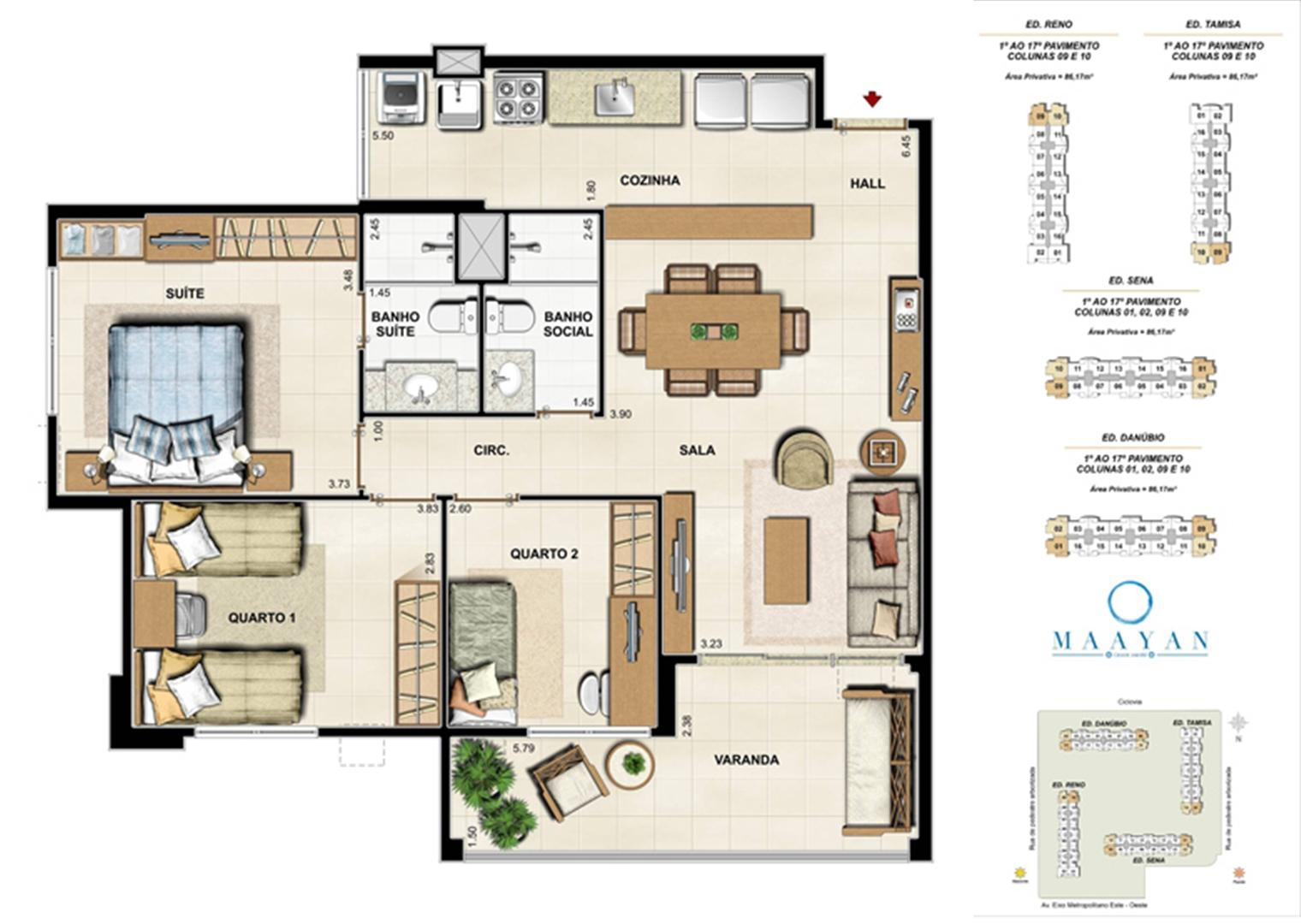 Planta tipo 3 quartos - Colunas 09 e 10 - Ed. Reno, Tamisa, Sena e Danúbio ? Colunas 01 e 02 - Ed. Sena e Danúbio. | Maayan – Apartamento no  Cidade Jardim - Rio de Janeiro - Rio de Janeiro