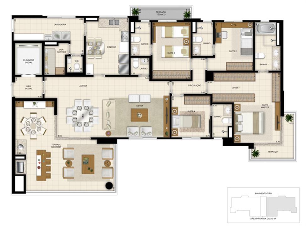 Planta 202m² | 395 Place – Umarizal - Belém - Pará Planta 202m² | 395 Place – Apartamento em Umarizal - Belém - Pará
