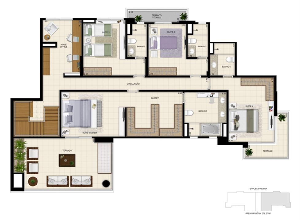 Planta tipo ilustrada do Duplex de 378m² Pavimento inferior | 395 Place – Umarizal - Belém - Pará Planta tipo ilustrada do Duplex de 378m² Pavimento inferior | 395 Place – Apartamento em Umarizal - Belém - Pará