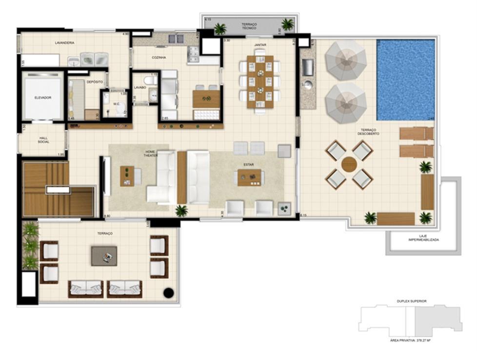 Planta tipo ilustrada do Duplex de 378m² Pavimento Superior | 395 Place – Umarizal - Belém - Pará Planta tipo ilustrada do Duplex de 378m² Pavimento Superior | 395 Place – Apartamento em Umarizal - Belém - Pará