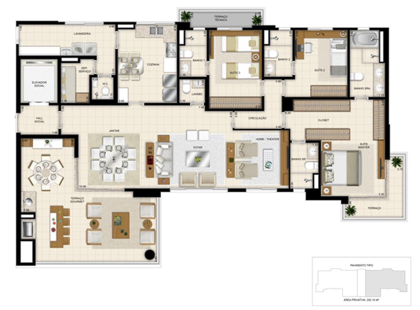 Planta tipo ilustrada do apartamento de 202m² - Opção ampliada | 395 Place – Apartamento em  Umarizal  - Belém - Pará