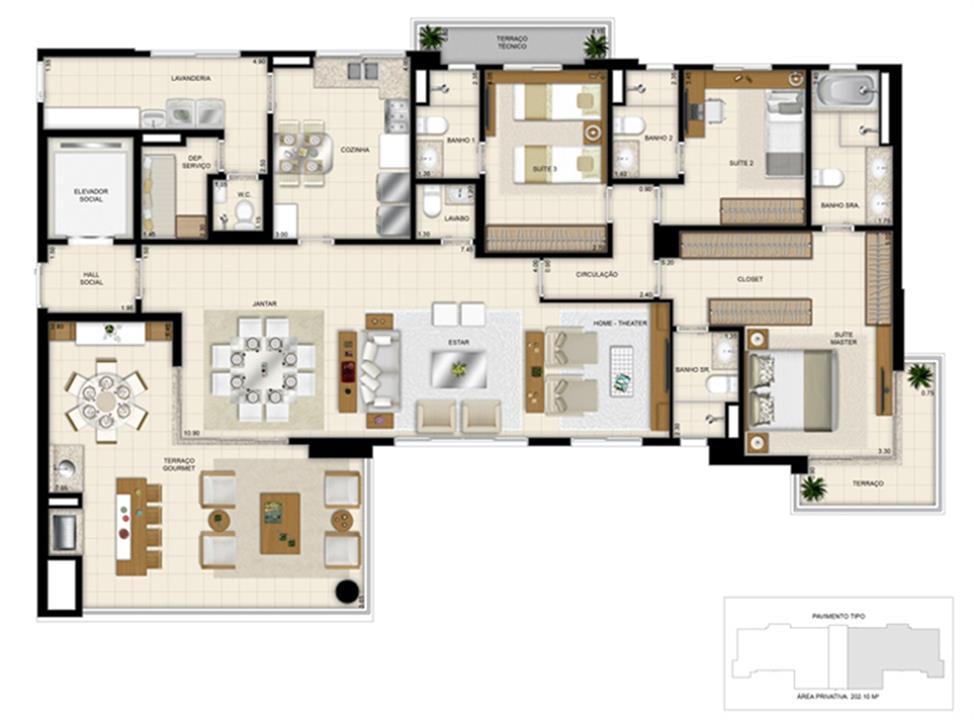 Planta tipo ilustrada do apartamento de 202m² - Opção ampliada | 395 Place – Umarizal - Belém - Pará Planta tipo ilustrada do apartamento de 202m² - Opção ampliada | 395 Place – Apartamento em Umarizal - Belém - Pará