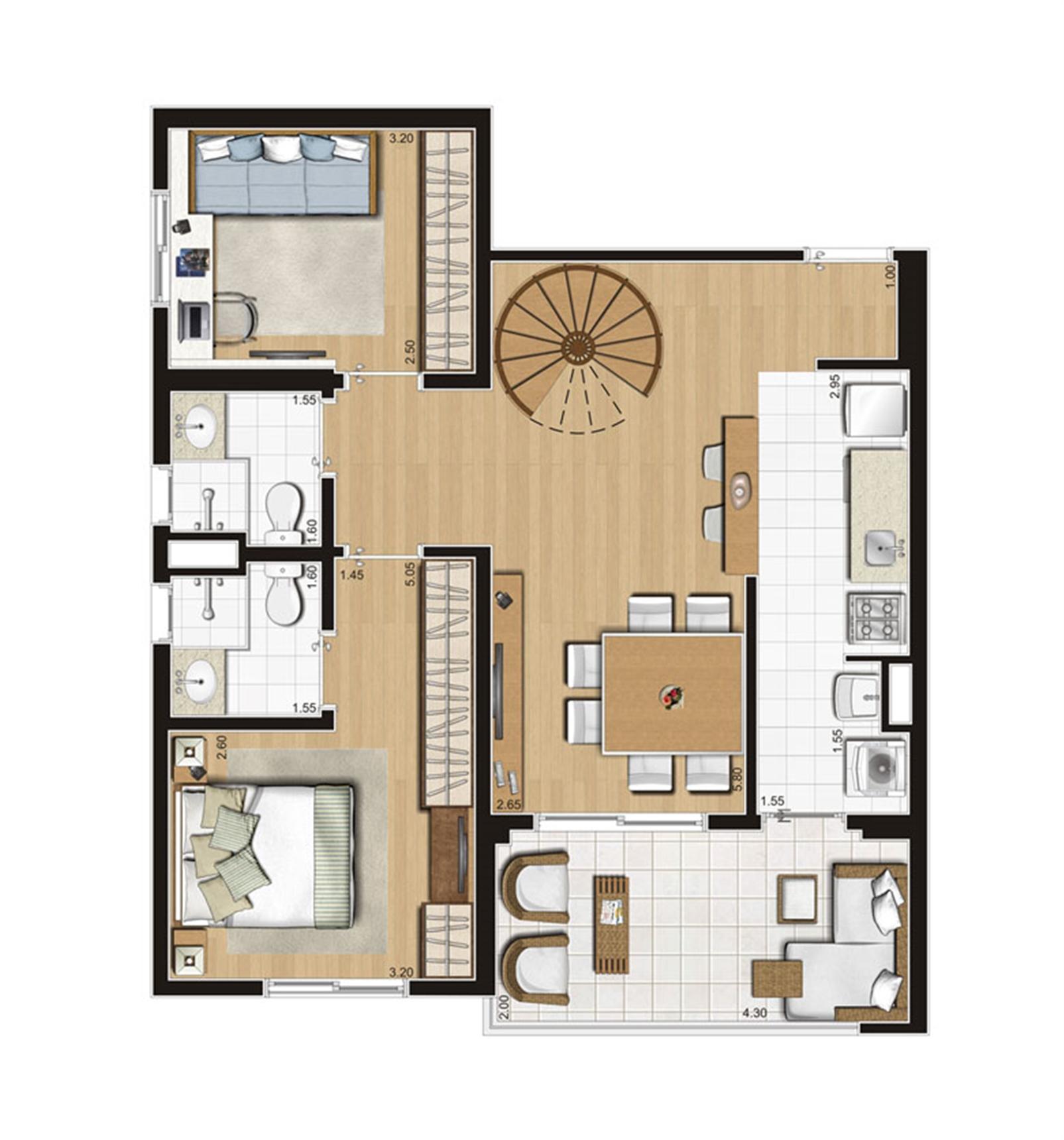Planta ilustrada do pavimento inferior do duplex de 137 m² | Emirado – Boqueirão - Santos - São Paulo Planta ilustrada do pavimento inferior do duplex de 137 m² | Emirado – Apartamento no Boqueirão - Santos - São Paulo
