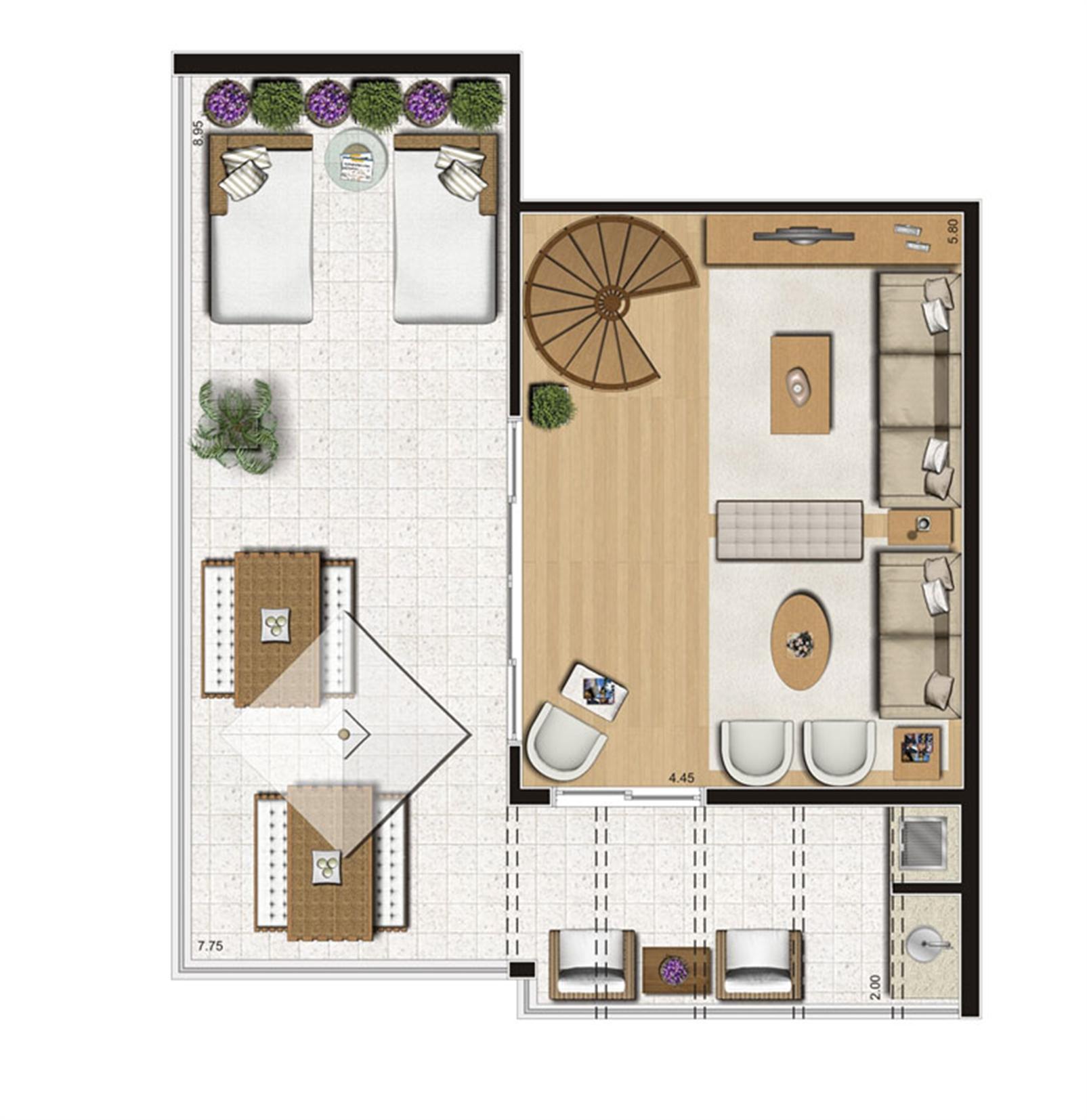 Planta ilustrada do pavimento superior do duplex de 137 m² | Emirado – Boqueirão - Santos - São Paulo Planta ilustrada do pavimento superior do duplex de 137 m² | Emirado – Apartamento no Boqueirão - Santos - São Paulo