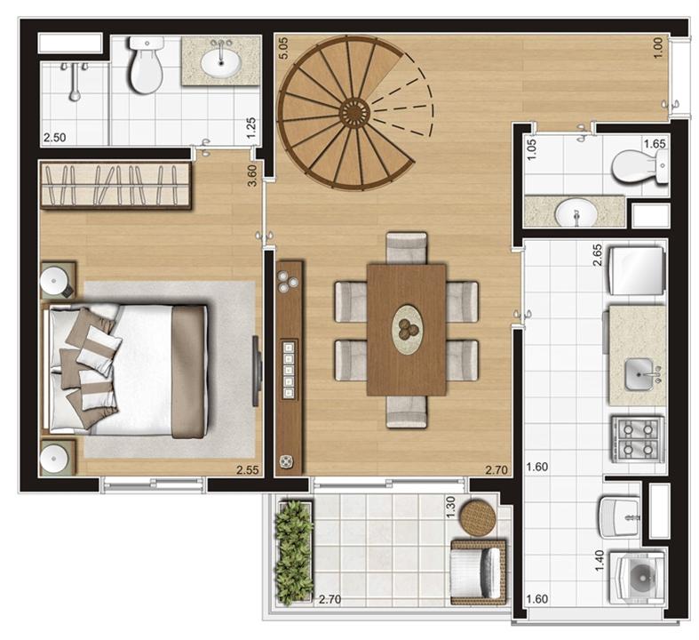 Planta ilustrada do pavimento inferior do duplex de 93 m² | Emirado – Boqueirão - Santos - São Paulo Planta ilustrada do pavimento inferior do duplex de 93 m² | Emirado – Apartamento no Boqueirão - Santos - São Paulo