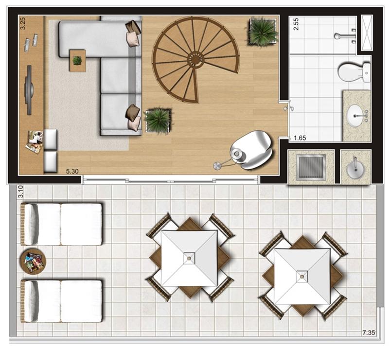 Planta ilustrada do pavimento superior do duplex de 93 m² | Emirado – Boqueirão - Santos - São Paulo Planta ilustrada do pavimento superior do duplex de 93 m² | Emirado – Apartamento no Boqueirão - Santos - São Paulo
