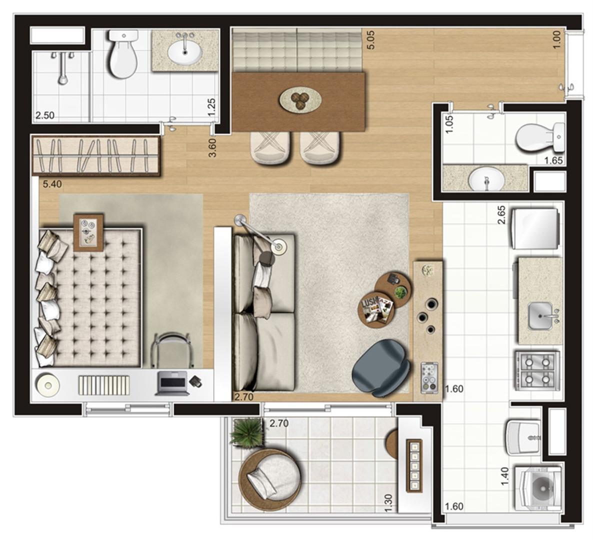 Planta ilustrada opção de 47 m² | Emirado – Apartamento no  Boqueirão - Santos - São Paulo
