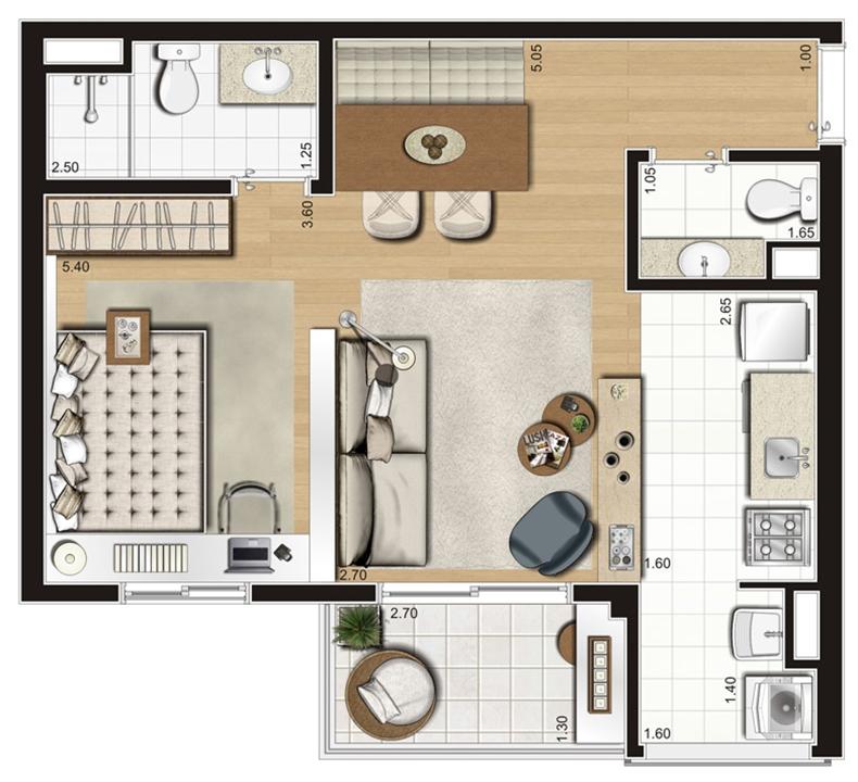 Planta ilustrada opção de 47 m² | Emirado – Boqueirão - Santos - São Paulo Planta ilustrada opção de 47 m² | Emirado – Apartamento no Boqueirão - Santos - São Paulo