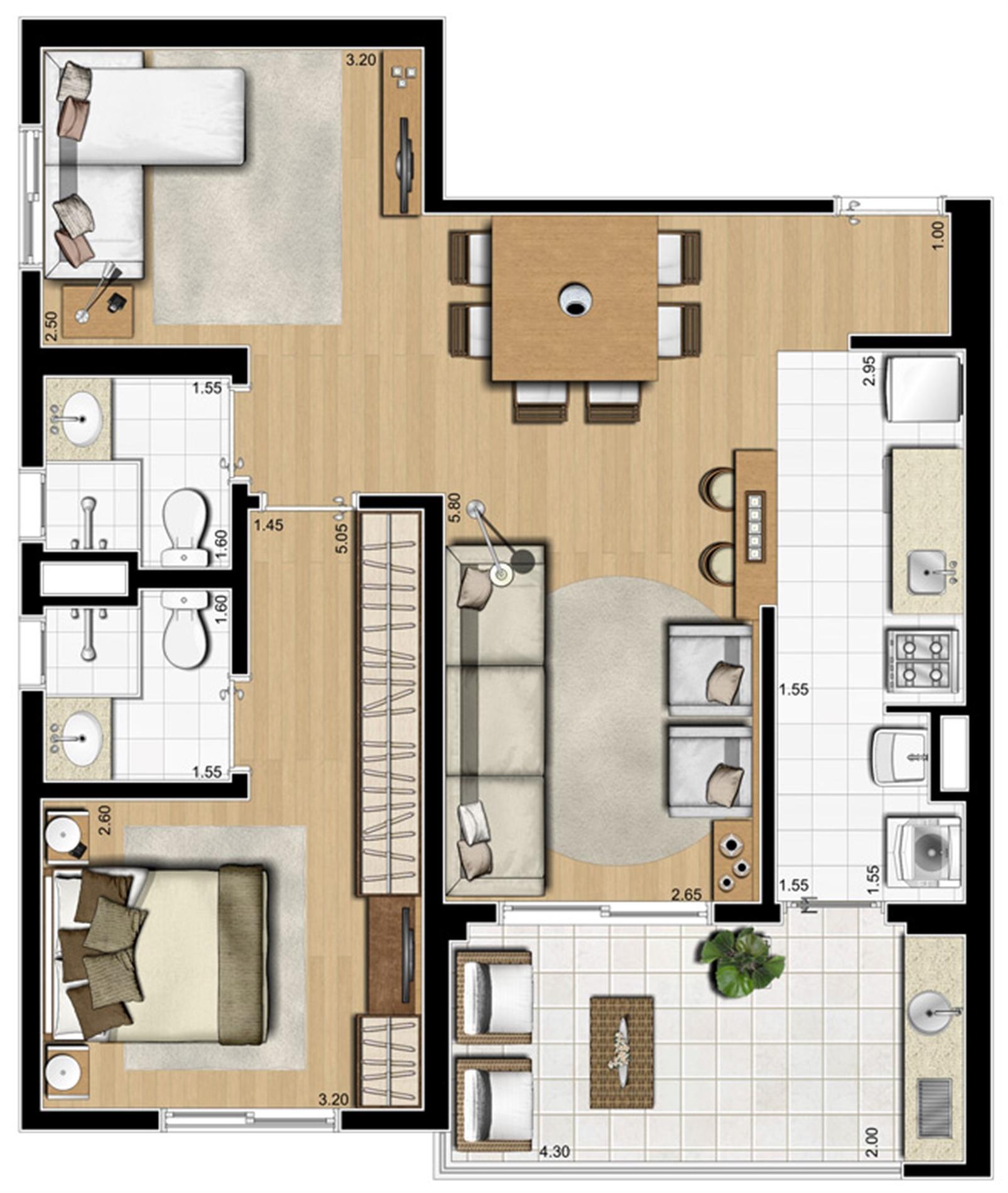 Planta ilustrada opção de 70 m² | Emirado – Boqueirão - Santos - São Paulo Planta ilustrada opção de 70 m² | Emirado – Apartamento no Boqueirão - Santos - São Paulo