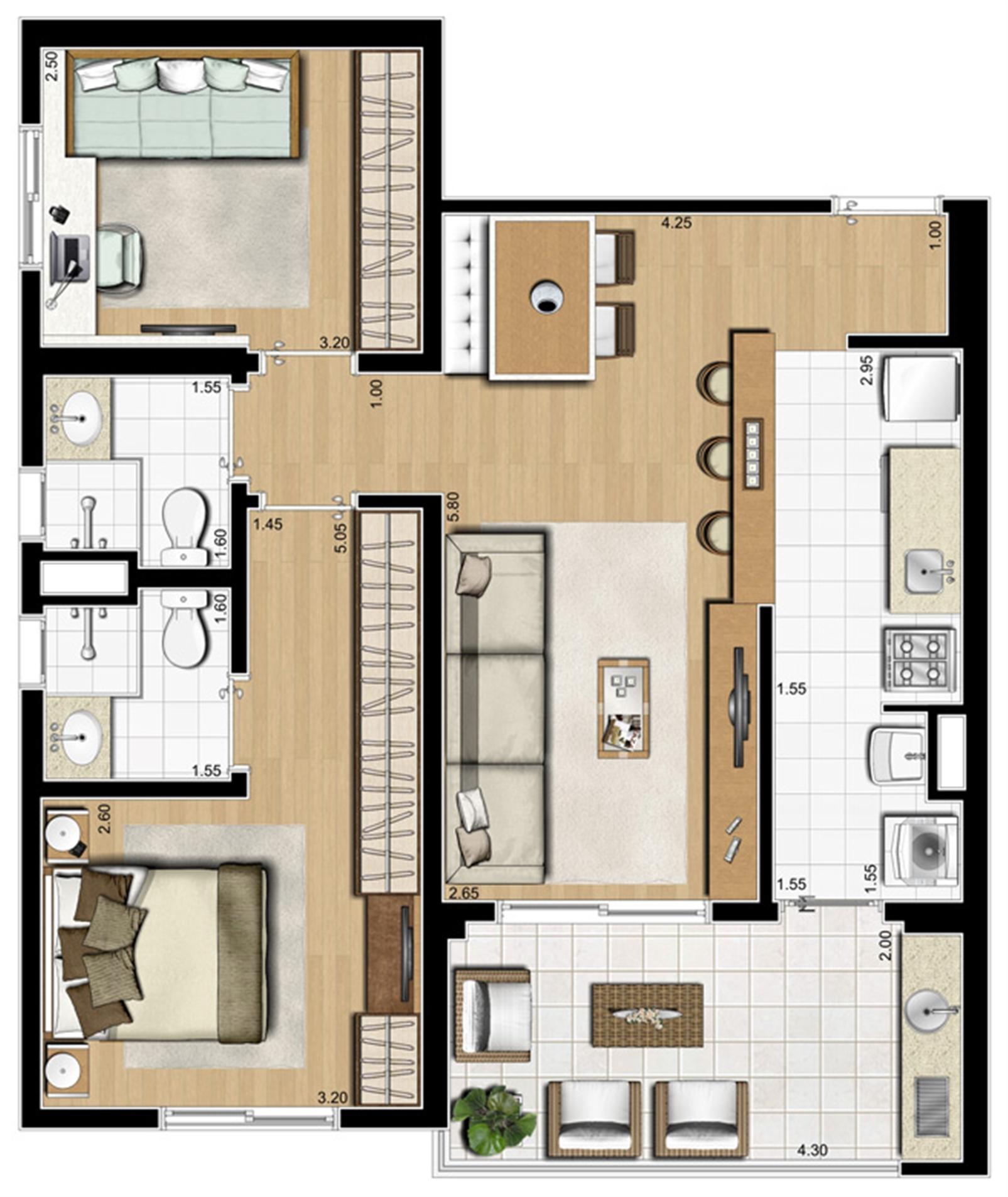 Planta ilustrada tipo de 70 m² | Emirado – Boqueirão - Santos - São Paulo Planta ilustrada tipo de 70 m² | Emirado – Apartamento no Boqueirão - Santos - São Paulo