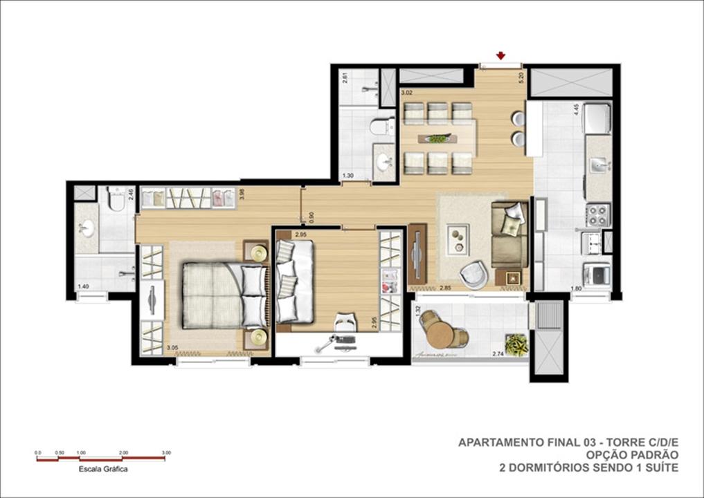 Planta tipo do apto. de 2 dormitórios com suíte -2 | Jardins Novo Higienópolis – Higienópolis - Porto Alegre - Rio Grande do Sul Planta tipo do apto. de 2 dormitórios com suíte -2 | Jardins Novo Higienópolis – Apartamento no Higienópolis - Porto Alegre - Rio Grande do Sul