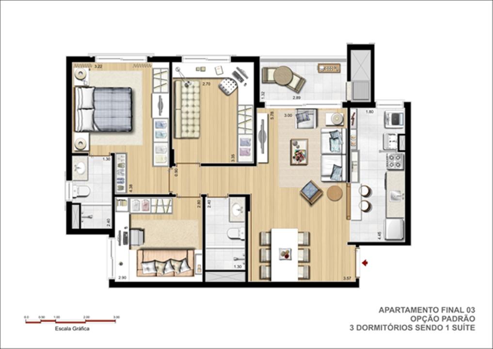 Planta tipo do apto. de 3 dormitórios com suíte | Jardins Novo Higienópolis – Higienópolis - Porto Alegre - Rio Grande do Sul Planta tipo do apto. de 3 dormitórios com suíte | Jardins Novo Higienópolis – Apartamento no Higienópolis - Porto Alegre - Rio Grande do Sul