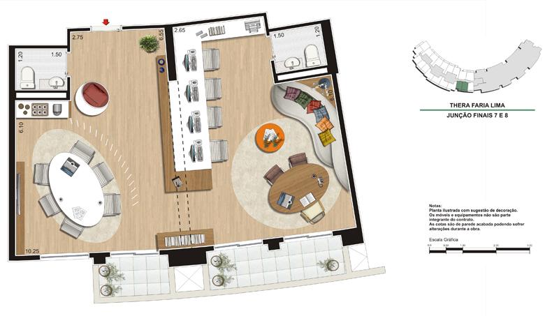 Planta da Sugestão de Junção dos Escritórios de 77 m²   Escritório de Arquitetura | Thera Faria Lima Pinheiros Office – Salas Comerciais em  Pinheiros - São Paulo - São Paulo