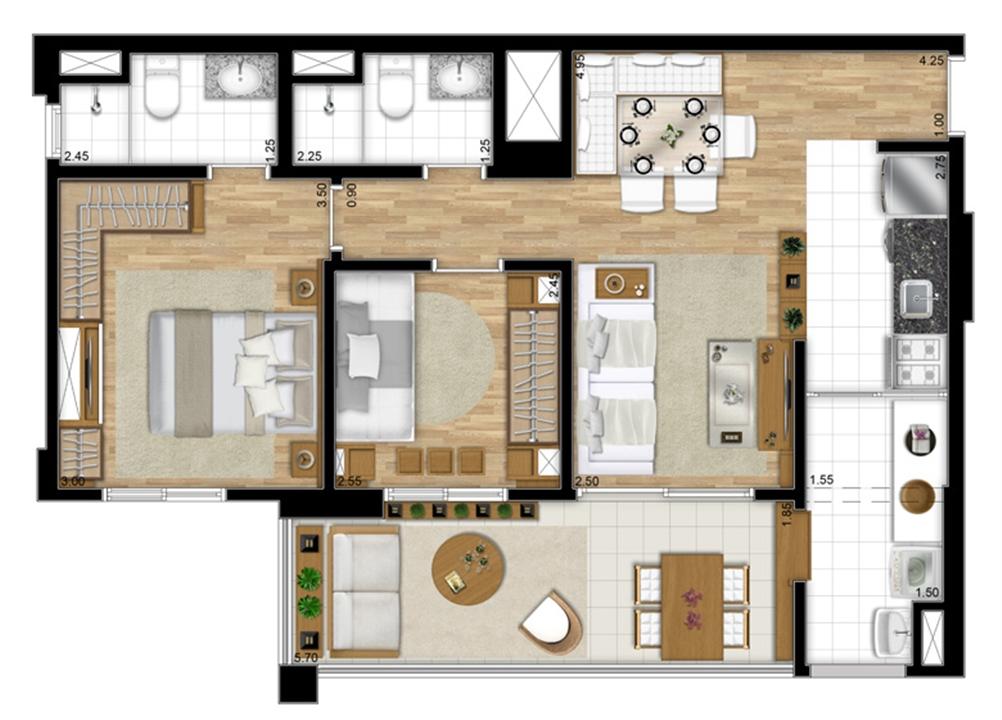 Planta opção de 68 m² | Encontro Ipiranga – Ipiranga - São Paulo - São Paulo Planta opção de 68 m² | Encontro Ipiranga – Apartamento no Ipiranga - São Paulo - São Paulo