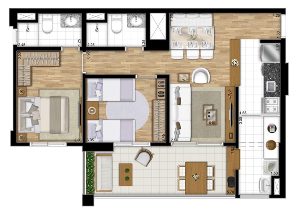 Planta tipo Ponta de 68 m² | Encontro Ipiranga – Ipiranga - São Paulo - São Paulo Planta tipo Ponta de 68 m² | Encontro Ipiranga – Apartamento no Ipiranga - São Paulo - São Paulo