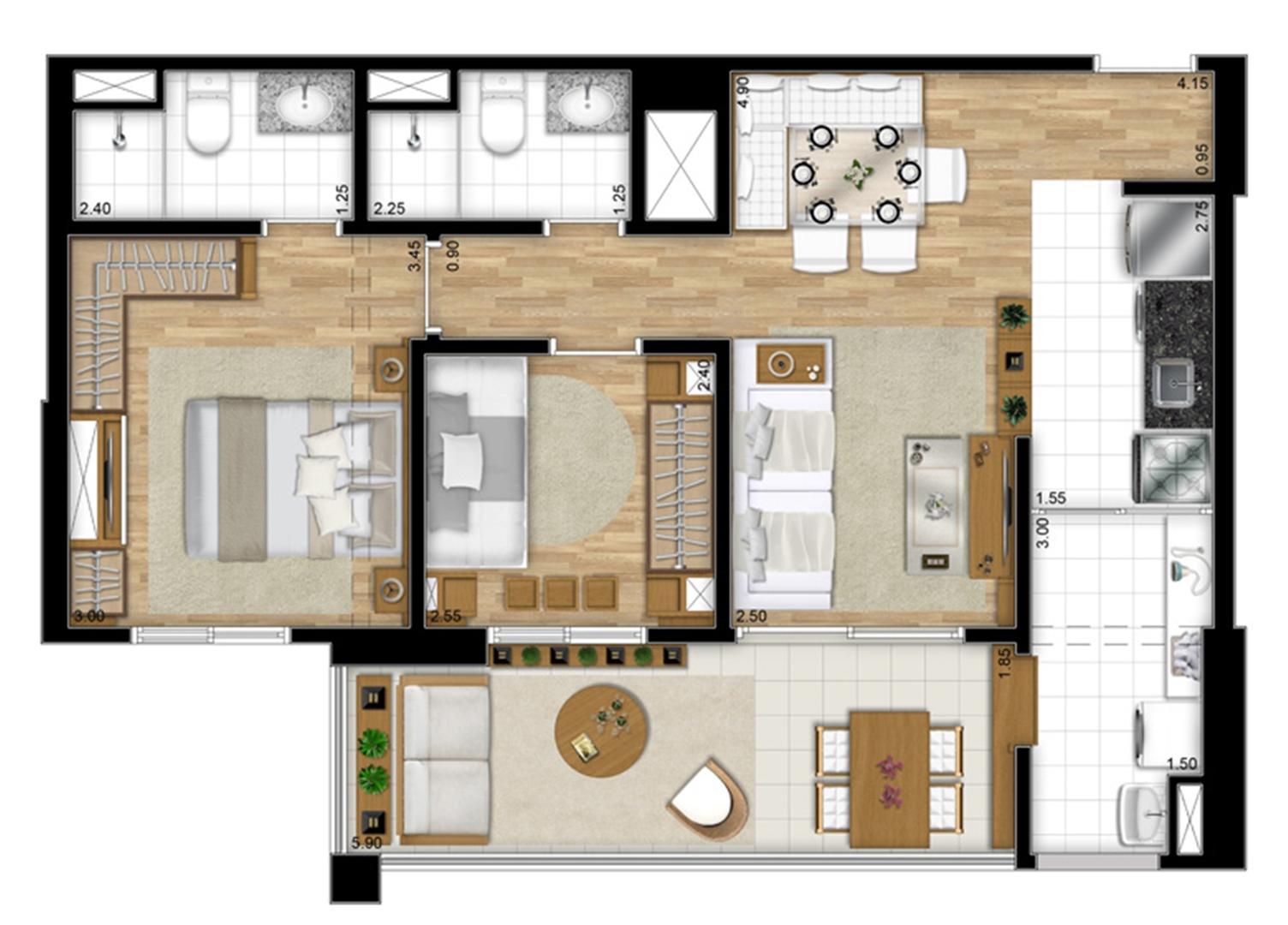 Planta opção de 68 m² | Encontro Ipiranga – Apartamento no  Ipiranga - São Paulo - São Paulo