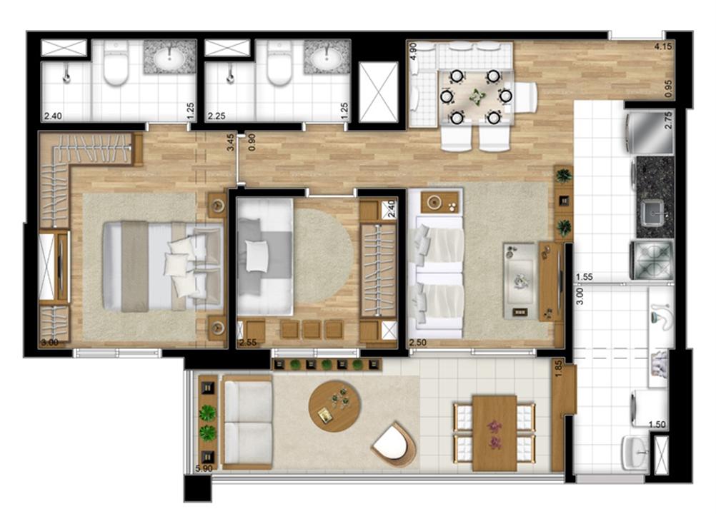 Planta opção de 68 m² | Encontro Ipiranga – Ipiranga - São Paulo - São Paulo Planta opção de 68 m² | Encontro Ipiranga – Apartamento no Ipiranga - São Paulo - São Paulo