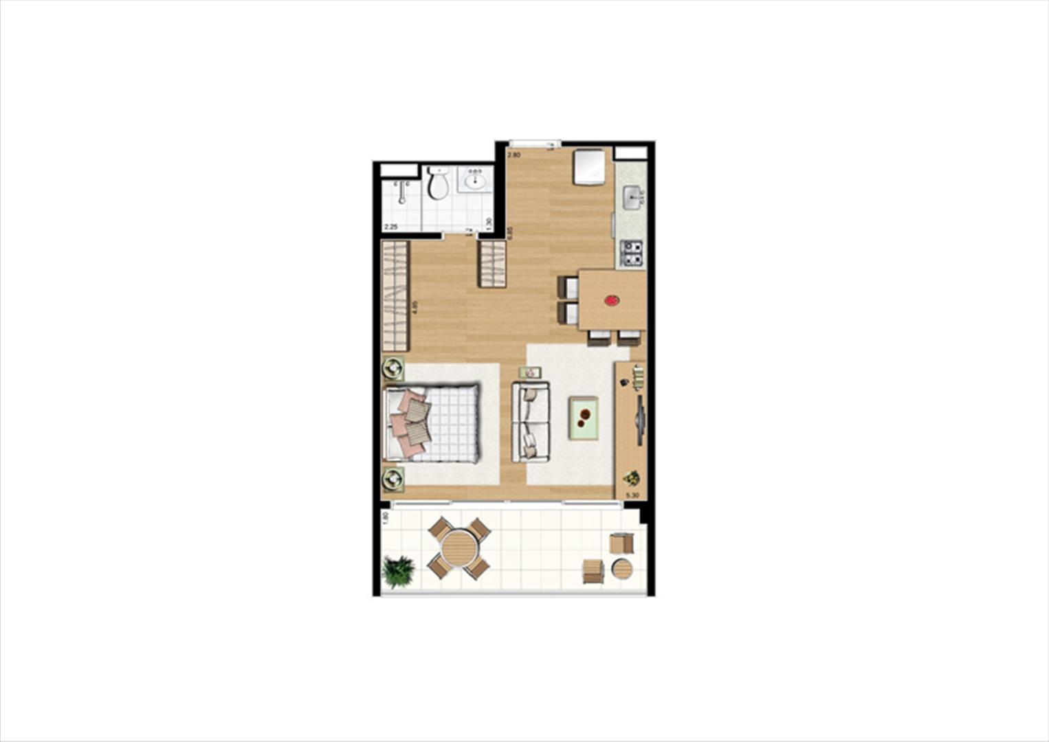 Planta studio inteligente de 48 m² - 2º ao 8º pavimento, finais 2 e 9 | Home Boutique – Apartamento no  Brooklin - São Paulo - São Paulo