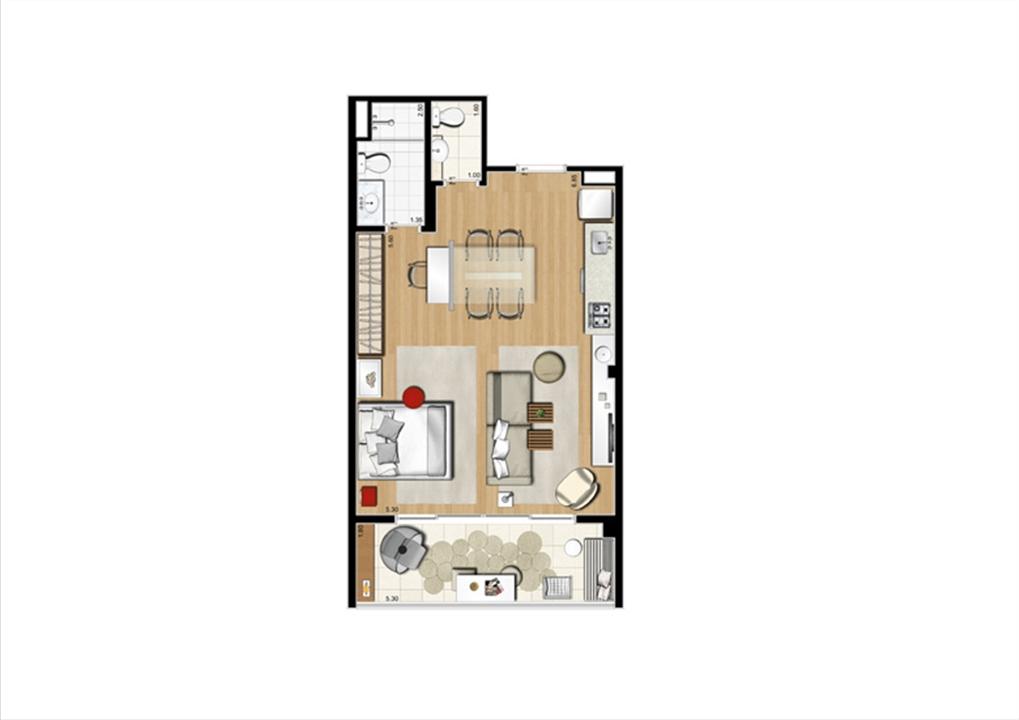Planta studio inteligente de 54 m² | Home Boutique – Brooklin - São Paulo - São Paulo Planta studio inteligente de 54 m² | Home Boutique – Apartamento no Brooklin - São Paulo - São Paulo