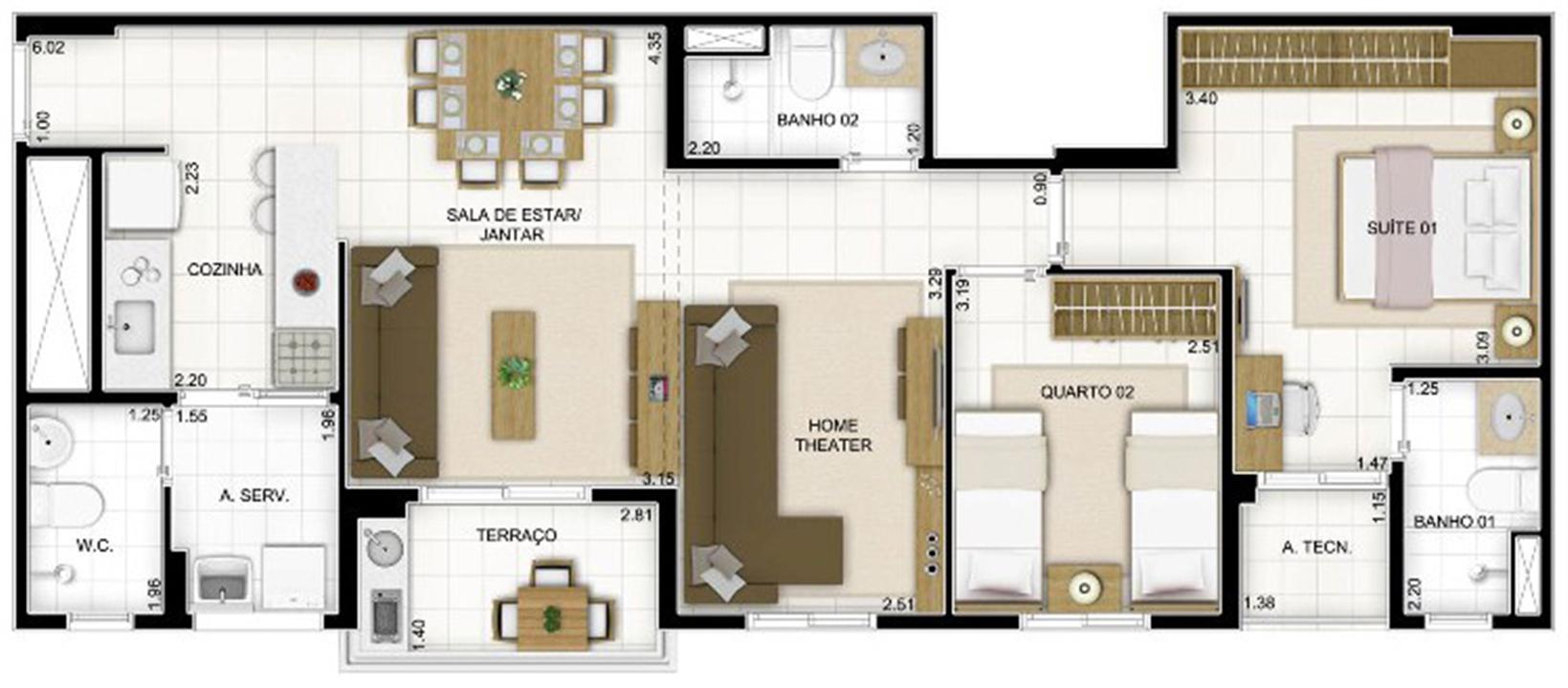 Planta 3 quartos Sala Ampliada | Quartier Lagoa Nova – Lagoa Nova - Natal - Rio Grande do Norte Planta 3 quartos Sala Ampliada | Quartier Lagoa Nova – Apartamento na Lagoa Nova - Natal - Rio Grande do Norte