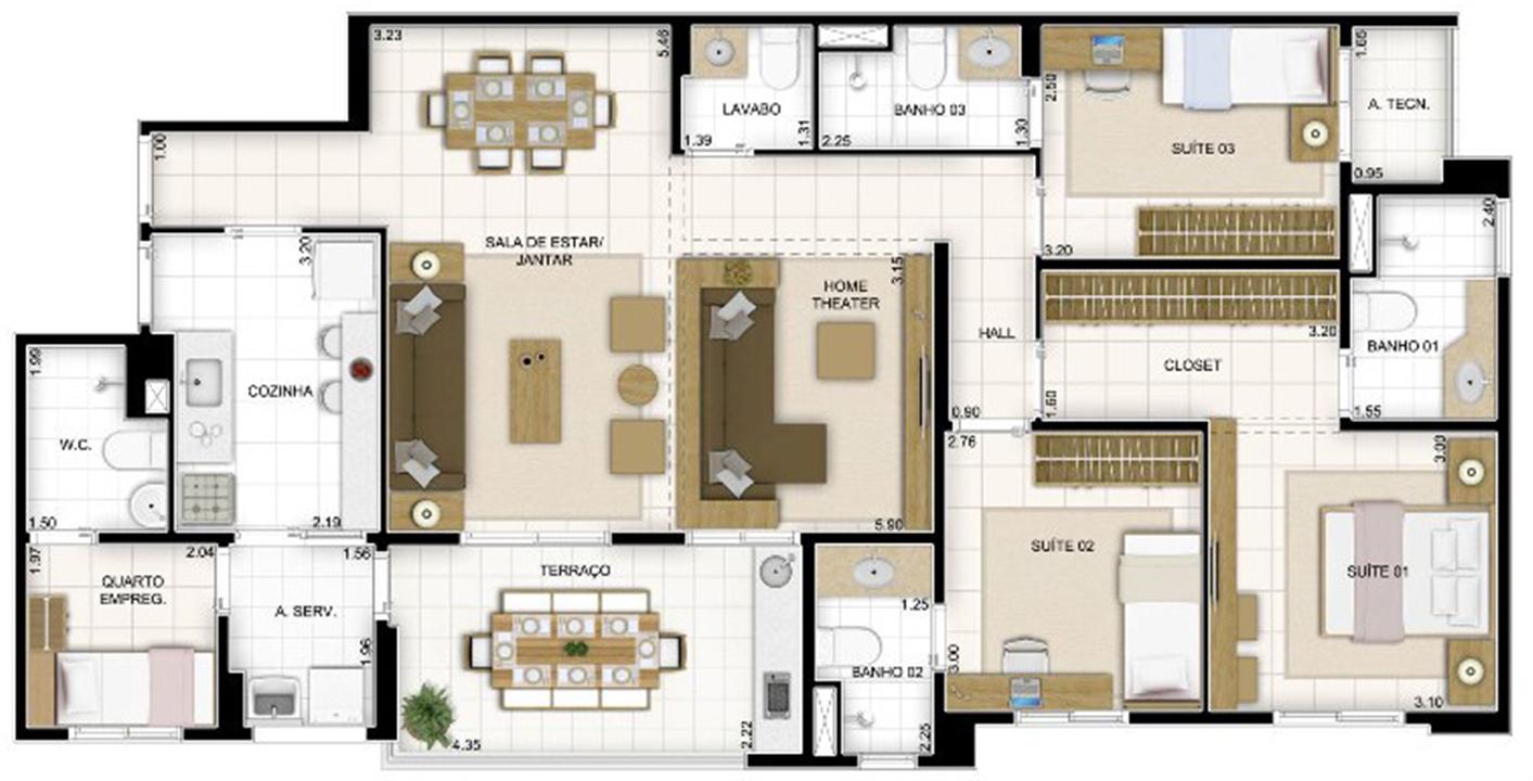 Planta 4 quartos Sala Ampliada | Quartier Lagoa Nova – Lagoa Nova - Natal - Rio Grande do Norte Planta 4 quartos Sala Ampliada | Quartier Lagoa Nova – Apartamento na Lagoa Nova - Natal - Rio Grande do Norte