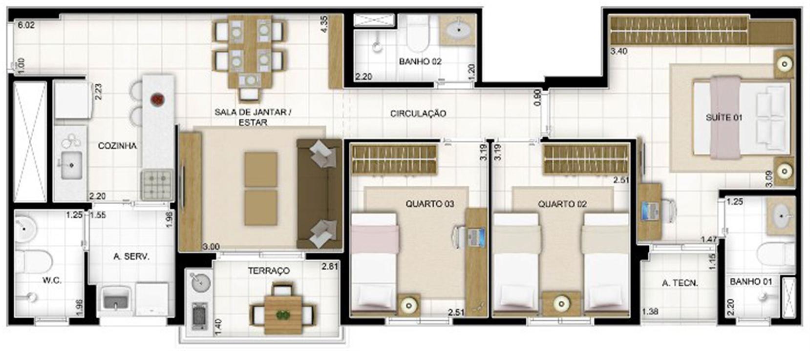 Planta Tipo 3 quartos 81 m² | Quartier Lagoa Nova – Lagoa Nova - Natal - Rio Grande do Norte Planta Tipo 3 quartos 81 m² | Quartier Lagoa Nova – Apartamento na Lagoa Nova - Natal - Rio Grande do Norte