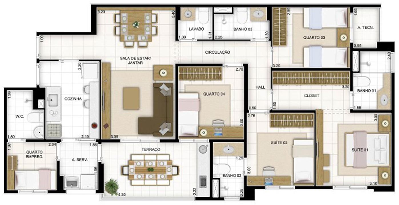 Planta Tipo 4 quartos 119 m² | Quartier Lagoa Nova – Lagoa Nova - Natal - Rio Grande do Norte Planta Tipo 4 quartos 119 m² | Quartier Lagoa Nova – Apartamento na Lagoa Nova - Natal - Rio Grande do Norte