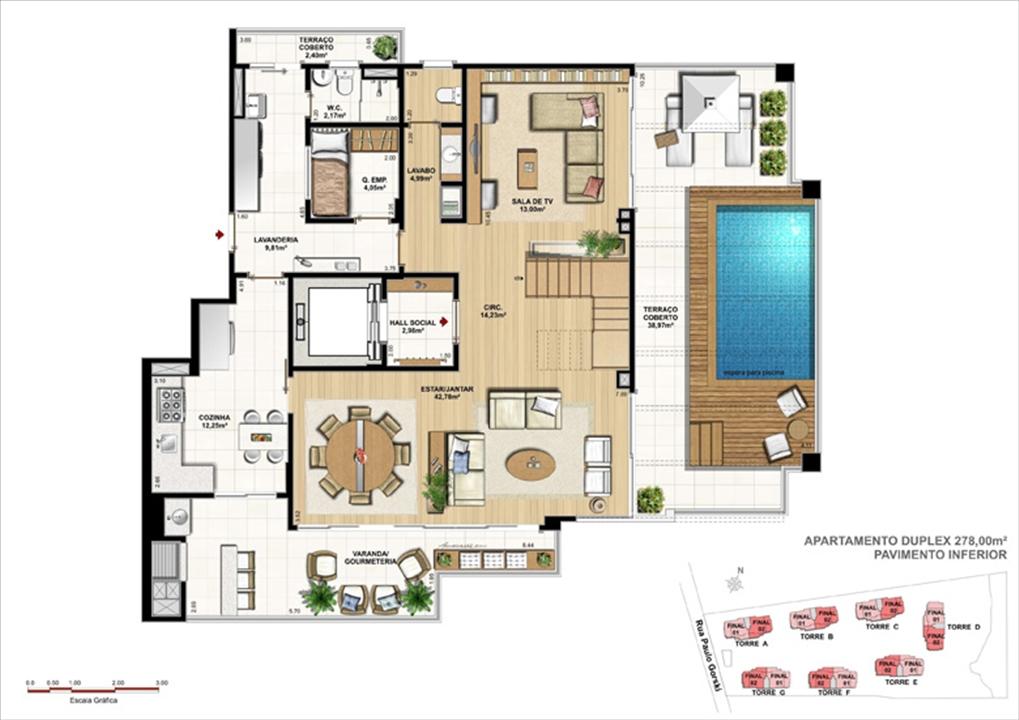 Duplex - 278 m² pavimento inferior | Ópera Unique Home – Ecoville - Curitiba - Paraná Duplex - 278 m² pavimento inferior | Ópera Unique Home – Apartamento no Ecoville - Curitiba - Paraná