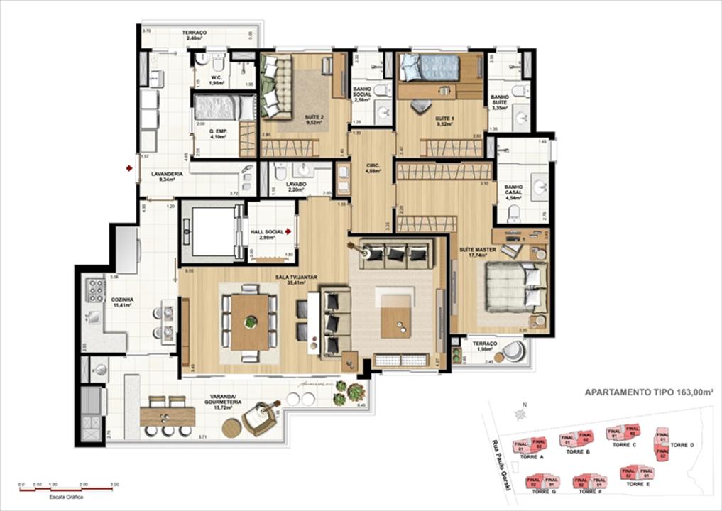Padrão Tipo e Perspectiva ilustrada da implantação | Ópera Unique Home – Ecoville - Curitiba - Paraná Padrão Tipo e Perspectiva ilustrada da implantação | Ópera Unique Home – Apartamento no Ecoville - Curitiba - Paraná