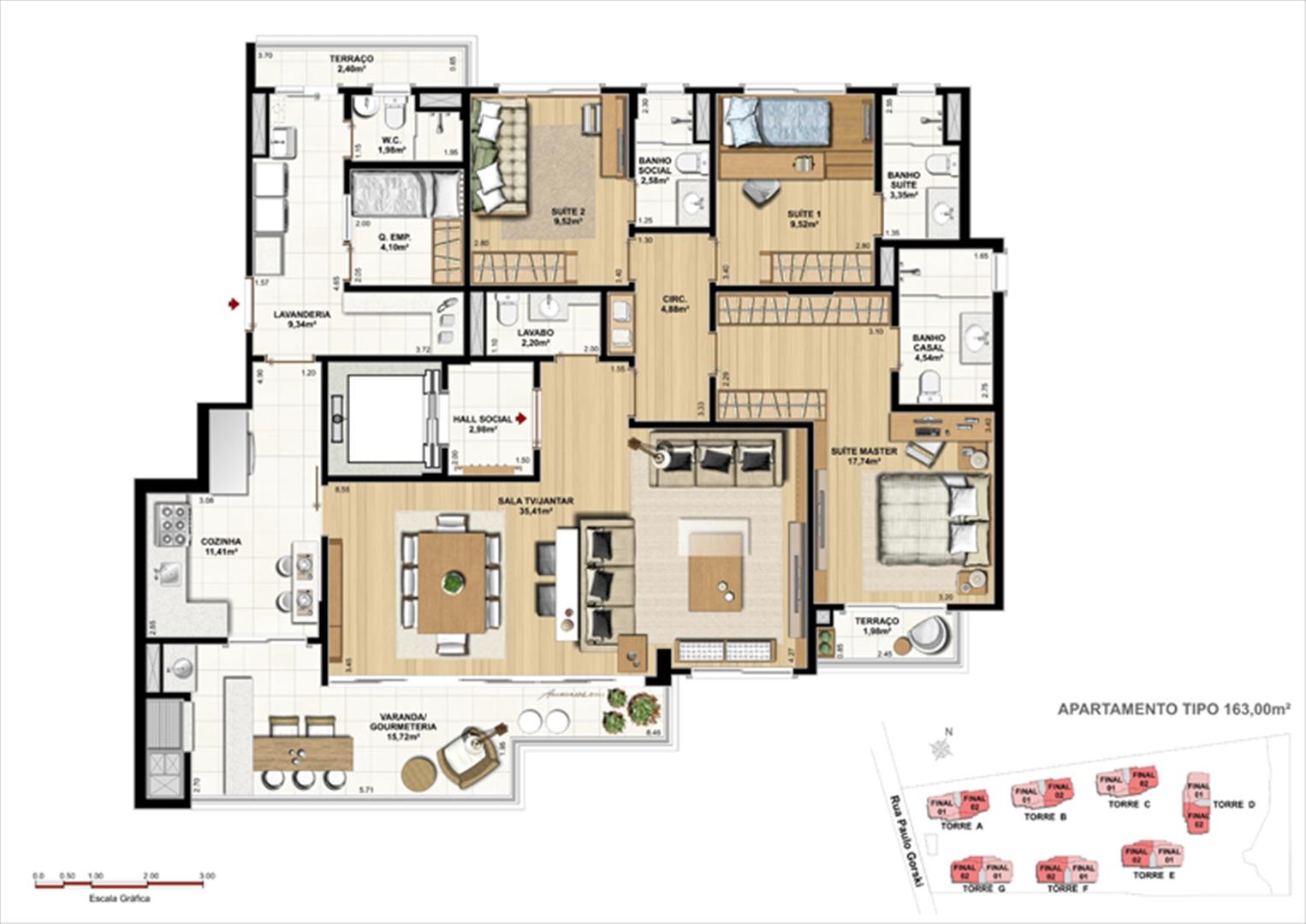 Padrão Tipo e Perspectiva ilustrada da implantação | Ópera Unique Home – Apartamento no  Ecoville - Curitiba - Paraná