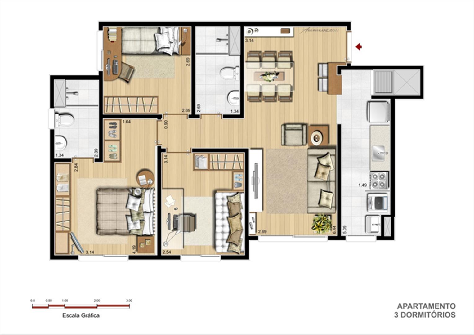Tipo 3 dormitórios | Supera Condomínio Clube – Apartamento  próximo ao Zaffari Zona Sul - Porto Alegre - Rio Grande do Sul