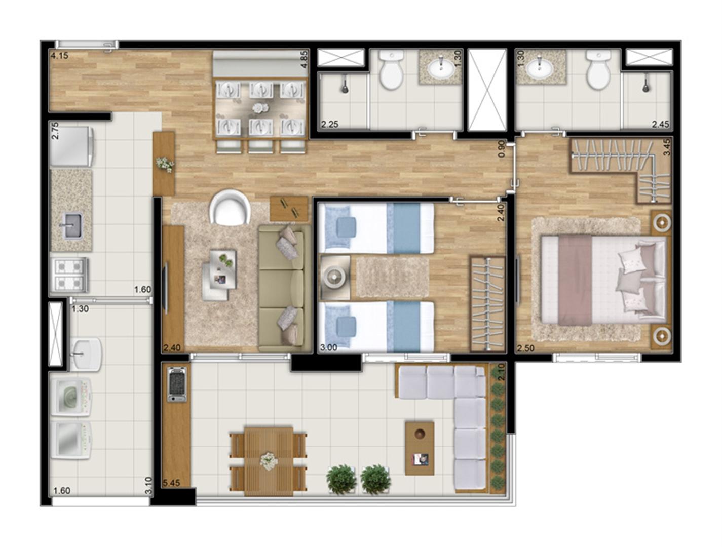 Planta tipo ilustrada do apartamento de 68 m² privativos - 2 dorms. c 1 suíte | Varanda Ipiranga – Apartamento no  Ipiranga - São Paulo - São Paulo