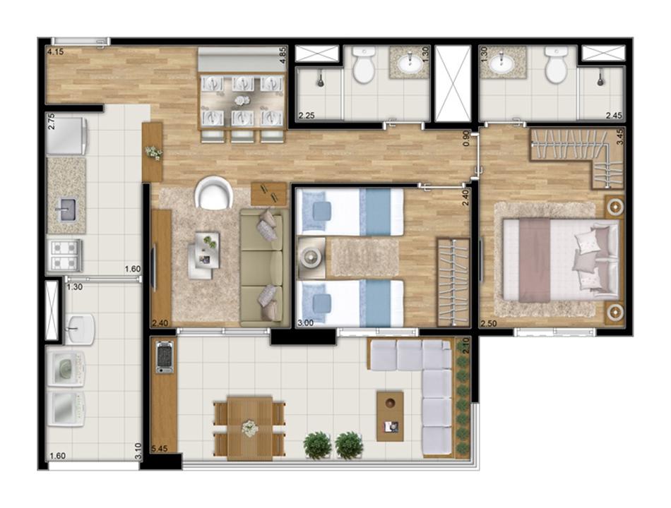 Planta tipo ilustrada do apartamento de 68 m² privativos - 2 dorms. c 1 suíte | Varanda Ipiranga – Apartamento	no  Ipiranga - São Paulo - São Paulo
