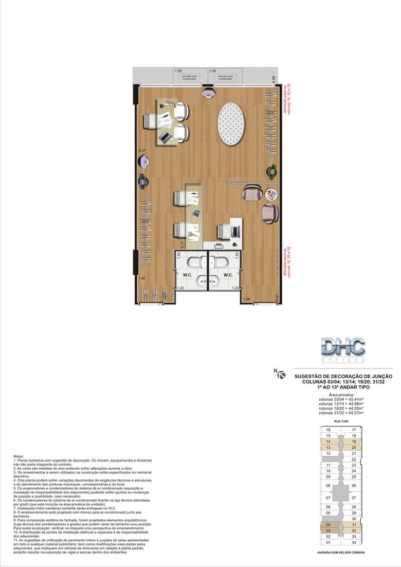 Sugestão de Decoração de Junção das Colunas 03-04; 13-14; 19-20; 31-32  -1° ao 13º andar tipo | DHC Offices – Salas Comerciais em  Pilares - Rio de Janeiro - Rio de Janeiro