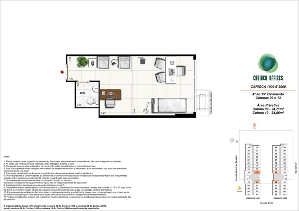 Sugestão de decoração - Carioca 1000 e 2000 - Colunas 09 -13 - 4º ao 15º Pavimento | Carioca Offices – Salas Comerciais	na  Vila da Penha - Rio de Janeiro - Rio de Janeiro